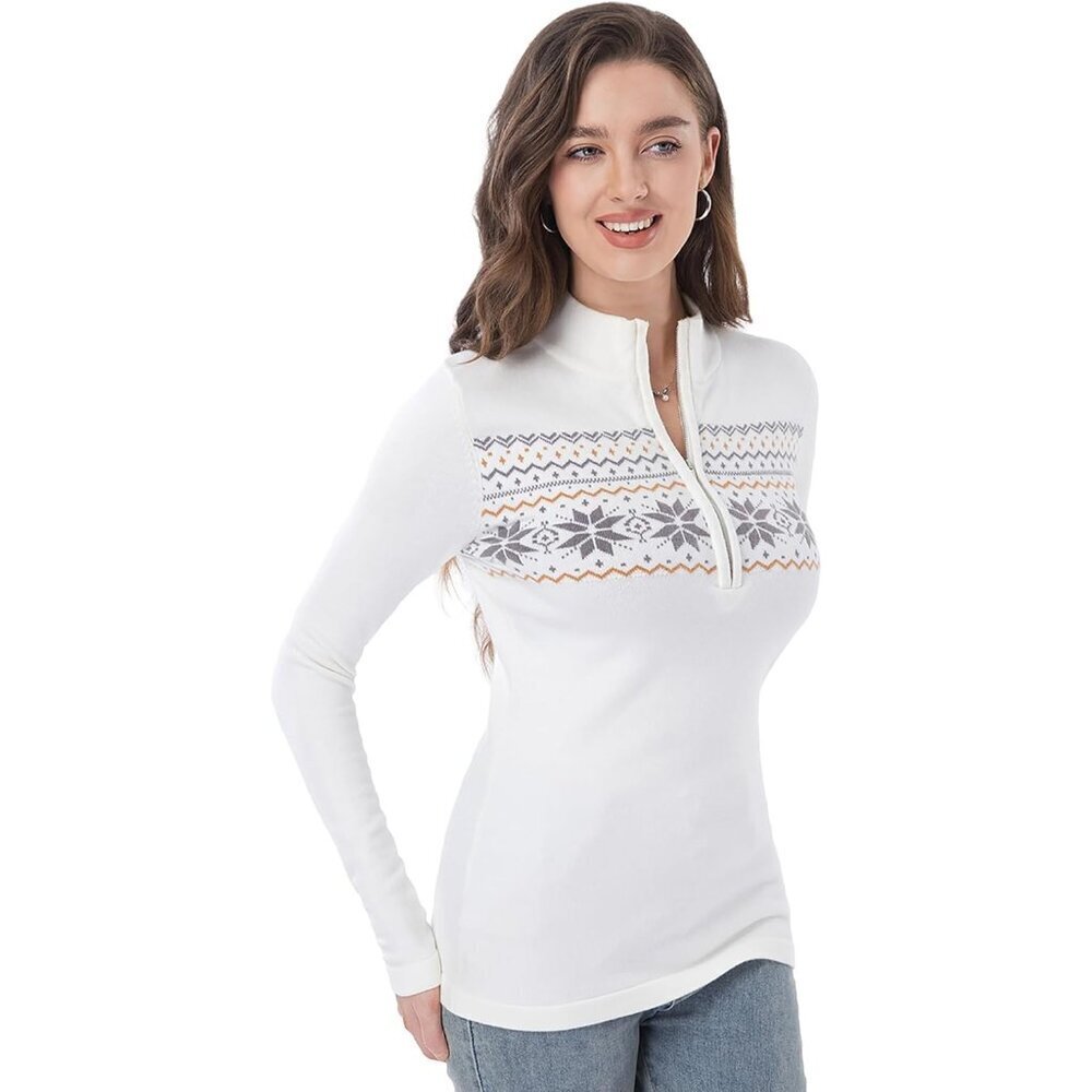 Women Fair Isle Knit Pullover Sweater Long Sleeve Zip Casual Holiday Wear